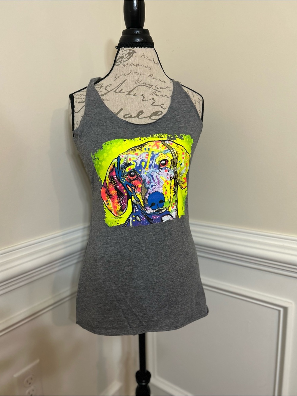 Gray Racerback Tank with Neon Multicolor Dachshund Graphic